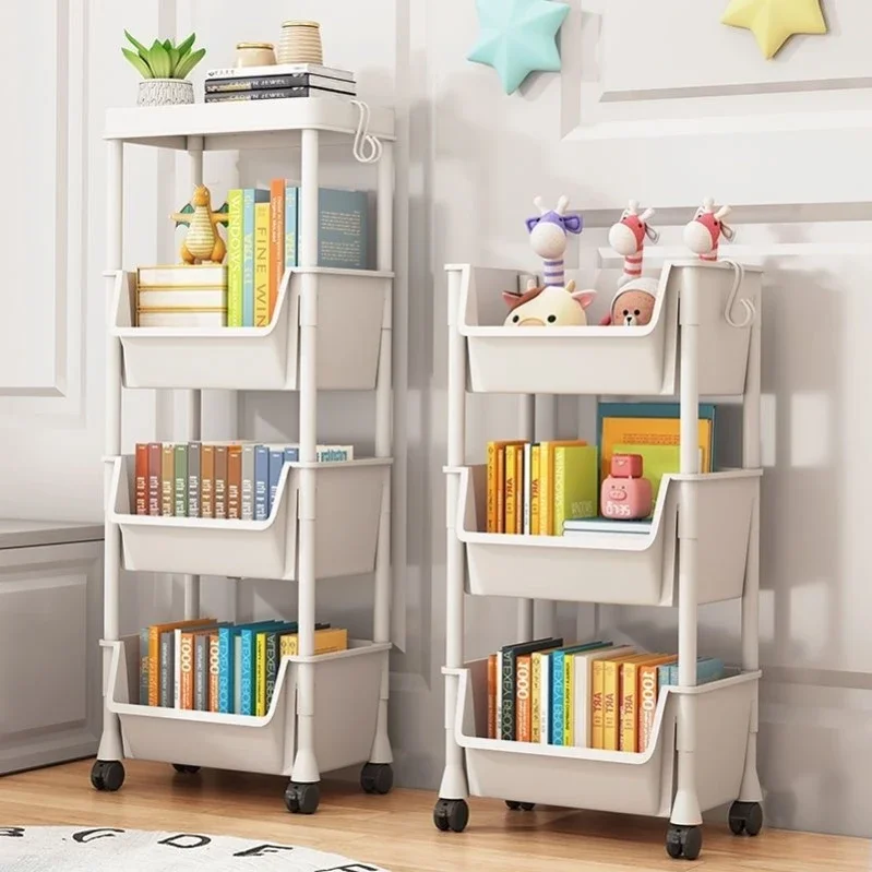 Bookshelf rack floor-mounted pulley movable trolley next to desk simple bookcase tableside book storage