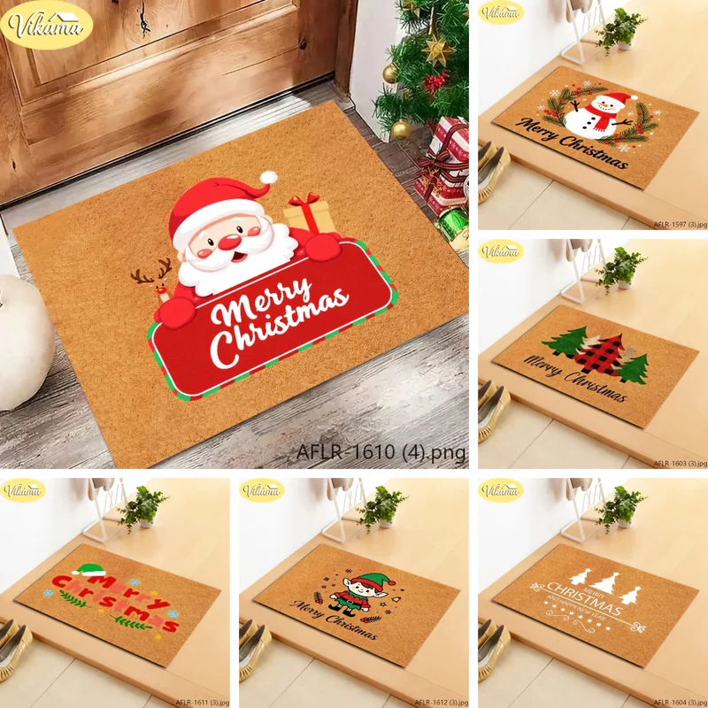 VIKAMA Santa Claus Banner Doormat Merry Christmas Snowman Elf Coir Look Welcome Mat Entryway Rug Front Porch Xmas Decor
