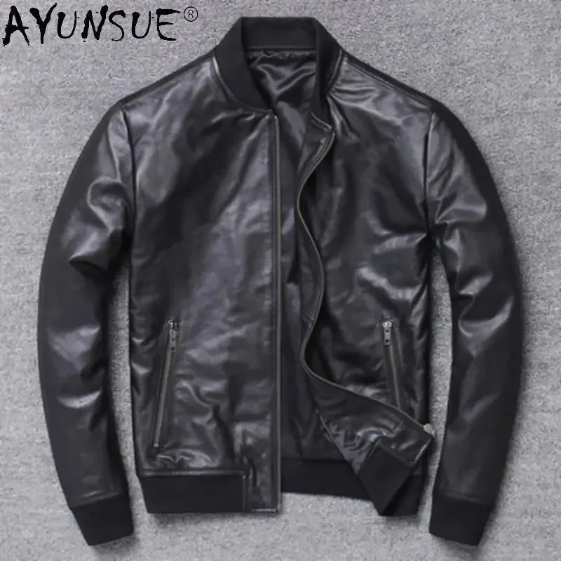 Chaqueta de cuero Real para hombre, abrigo Vintage de motocicleta, abrigos de piel de oveja, ropa de blusón, Cuir, WPY3684