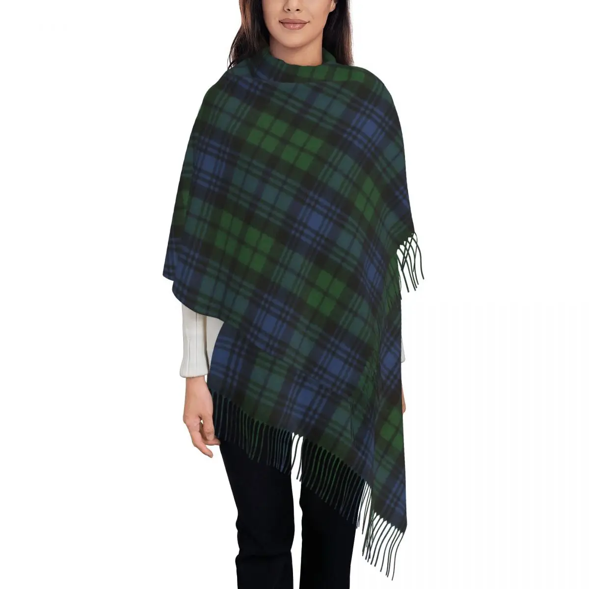 Black Ancient Scottish Tartan Tassel Scarf Women Soft Plaid Check Geometric Shawls Wraps Ladies Winter Fall Scarves