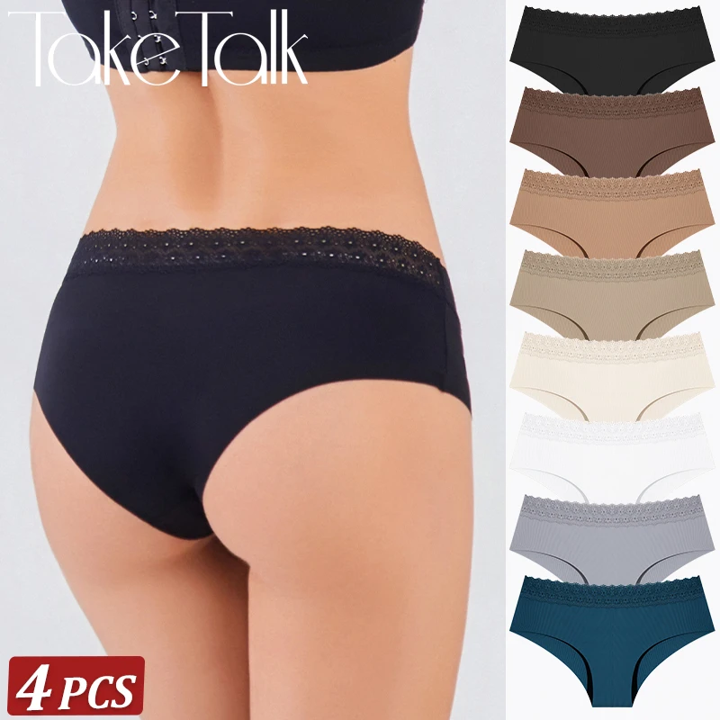 4Pcs/Set Sexy Lace Ladies Panty Fashion Low Waist  Seamless Underwears Female Comfortable Briefs Solid Color Elasticity Lingerie