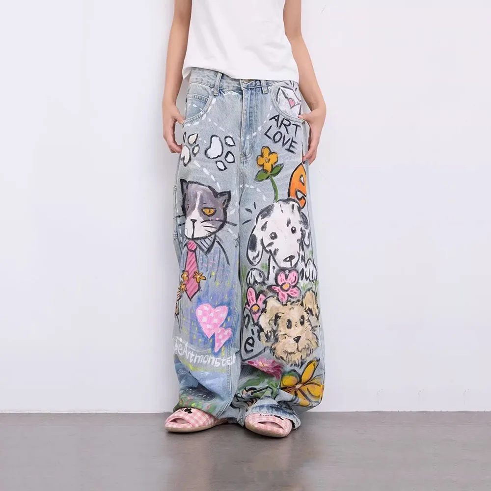 Graffiti Pattern Women's Denim Pants Vintage Style Light Blue Jeans High Elastic Spice Girls Trousers Casual Style Pants