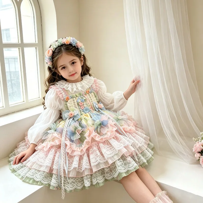 Kinder-Lolita-Kleid mit Rüschenkragen, mehrschichtigem Spitzenrock, Blumen-Stirnband, Feenprinzessinnen-Outfit, Mädchen-Geburtstagskostüm – Detail 4