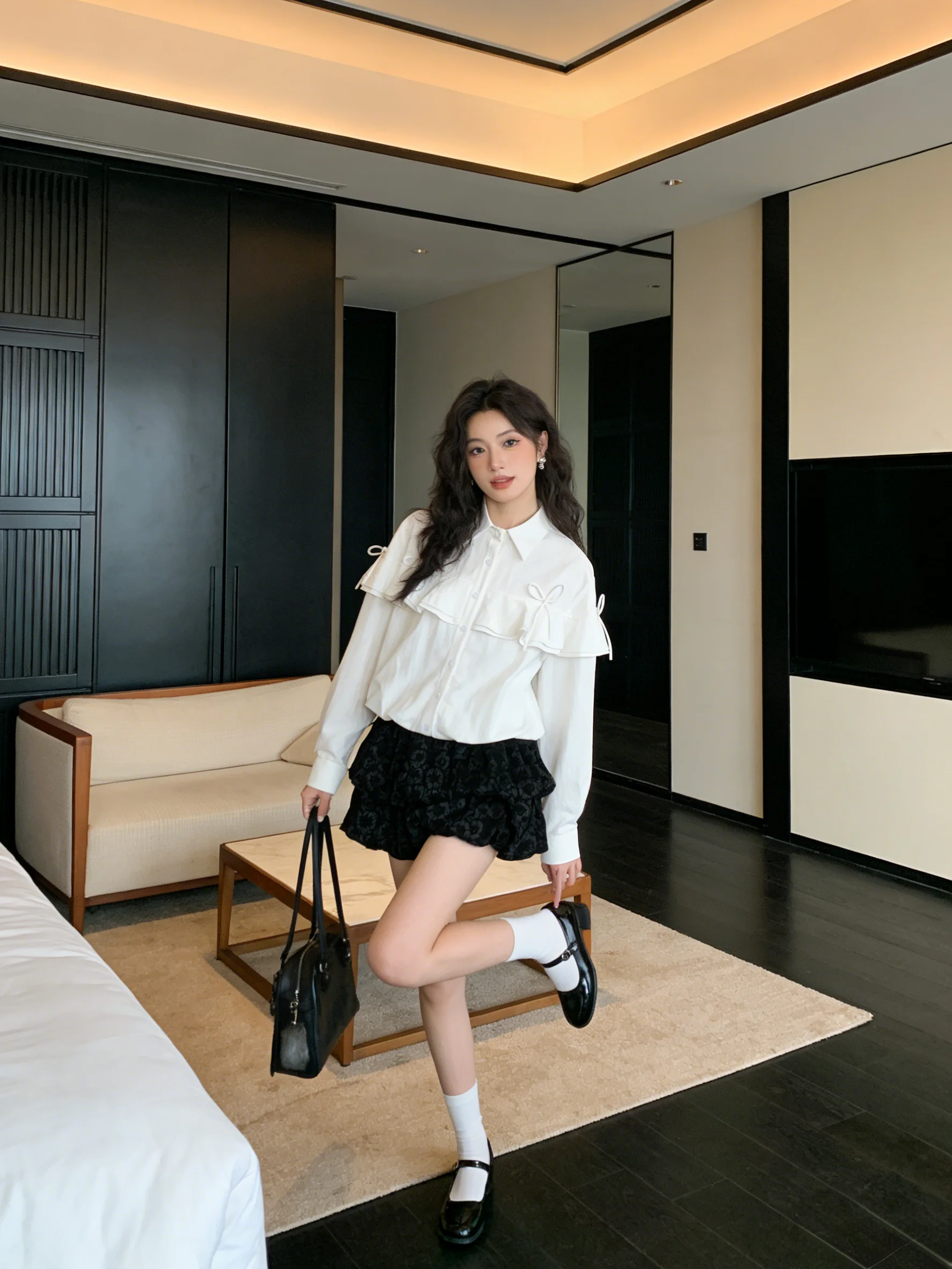 

Новинка! Женская весенняя блузка Sweet Girl Sle White Ruffle с узлом, корейский стиль, свободный крой, длинный рукав, эффект стройности.