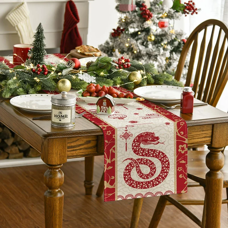 

Chinese Snake 2025 Happy Lunar New Year Table Runner Spring Festival Winter Kitchen Dining Table Decoration for Home Party