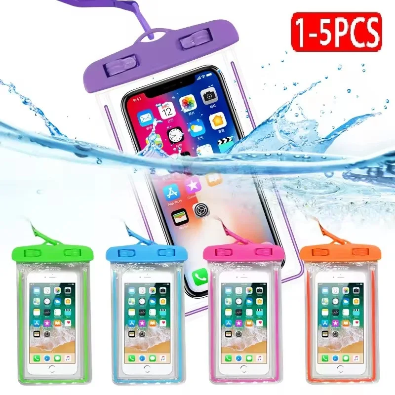 1-5Pcs Outdoor Swimming and Rafting Transparent Touch Screen Waterproof Case PVC Mobile Phone Luminous Waterproof Bag