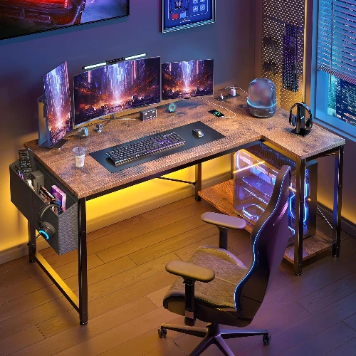 

40 Inch L Shaped Gaming Desk with Storage Shelves Side Bag Power Outlets Corner Computer Table for Home Office Bedroom Brown