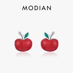 MODIAN 925 Sterling Silver Exquisite Cute Red Enamel Apple Small Stud Earrings For Women Party Fine Jewelry Christmas Gifts
