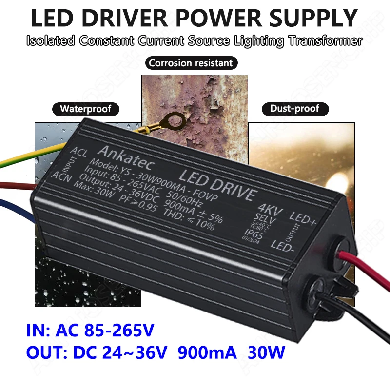 Imagem -03 - Impermeável Transformador Adaptador de Alimentação Led Driver 30w Cob Módulos ac 85265v para dc 2436v Corrente Constante 900ma