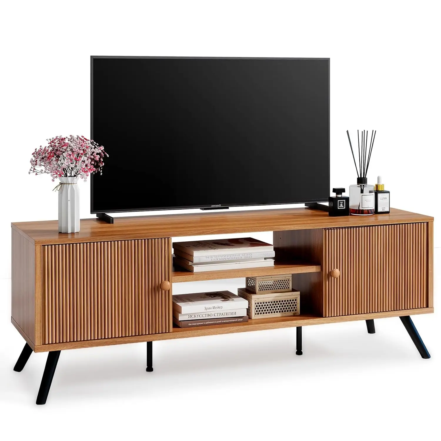 TV Stand For Living Room, Mid Century Modern Entertainment Center For 55/60/65 Inch TVs, Retro Brown TV Console, Customized