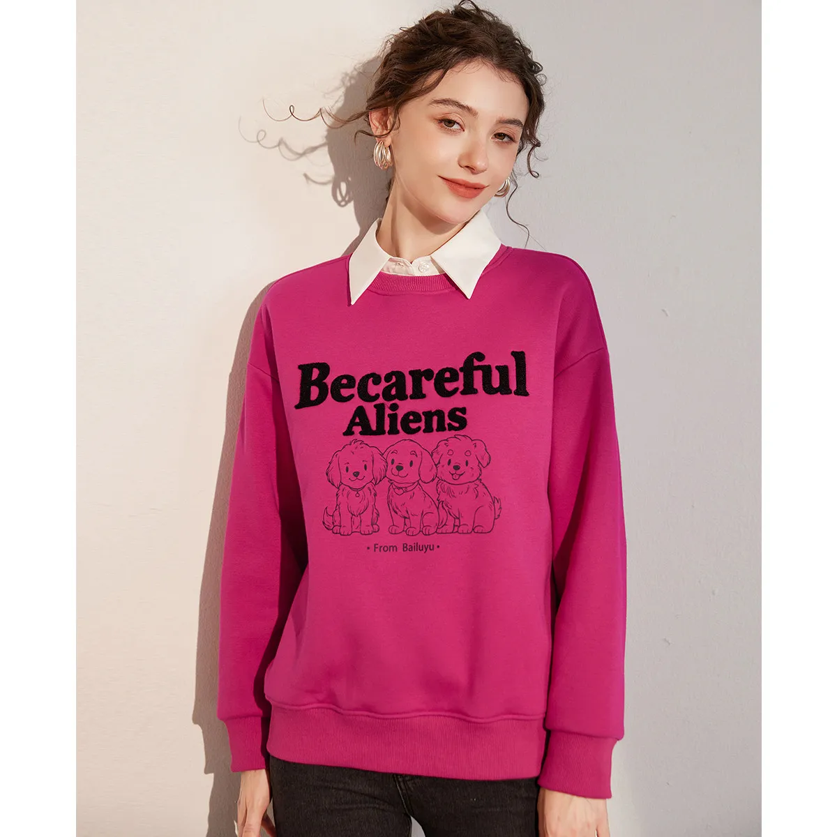 LOUIS YAO 2025 Winter Thick Fleece Round Neck Printed Embroidered Letter Loose Casual Women's Sweatshirt