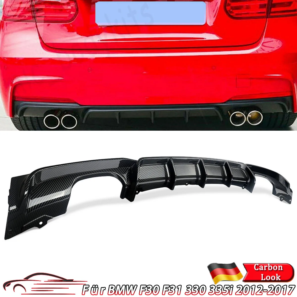 Image of Für BMW F30 Limousine F31 Touring 320i 325i M Sport 2012~2018 Hinterer Unterer Stoßstangen-Diffusor mit Vierfach-Auspuffblende Carbon-Optik Karosserie-Kit