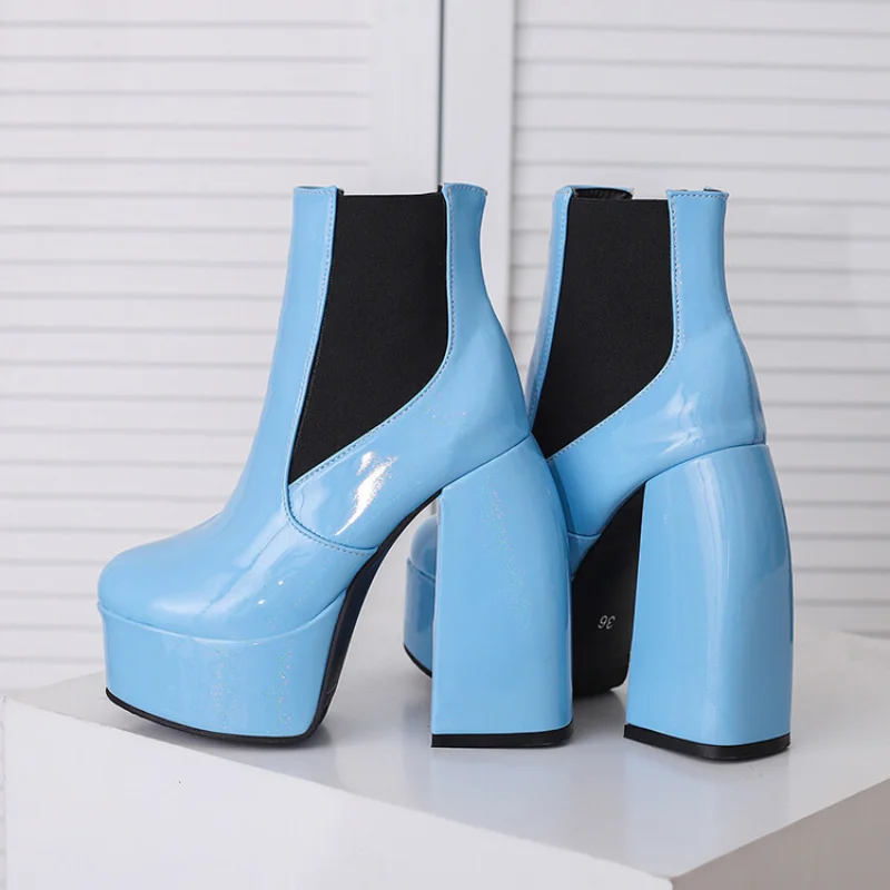 2023 Elastic Lacquer Leather Ankle Short Boots Candy Color Waterproof Platform 14cm Thick Heel Women\'s Stage Performance Boots