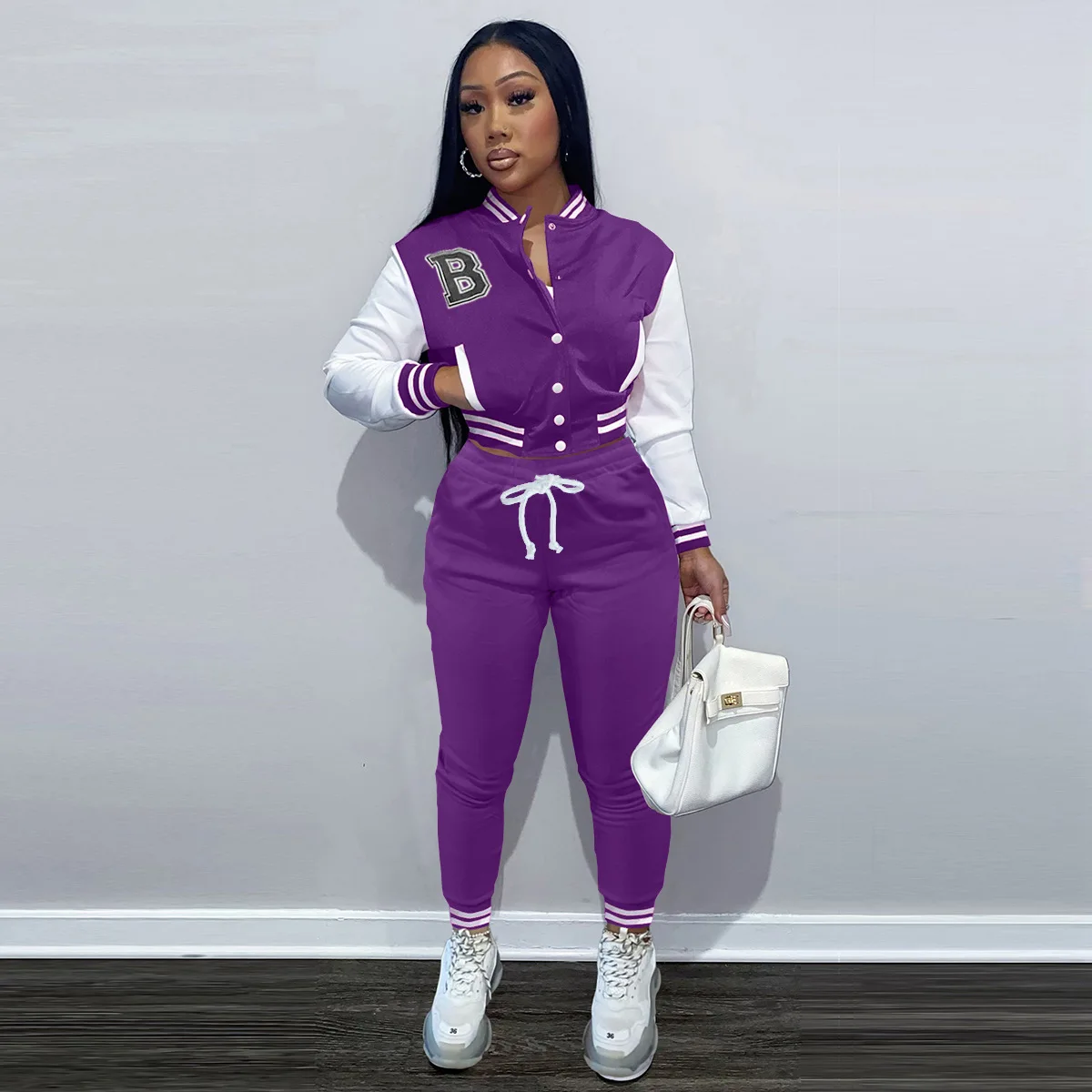 Terno esportivo de beisebol outono feminino carta impressão retalhos jaqueta de beisebol roupa cordão duas peças calças conjunto jogger sweatsuit