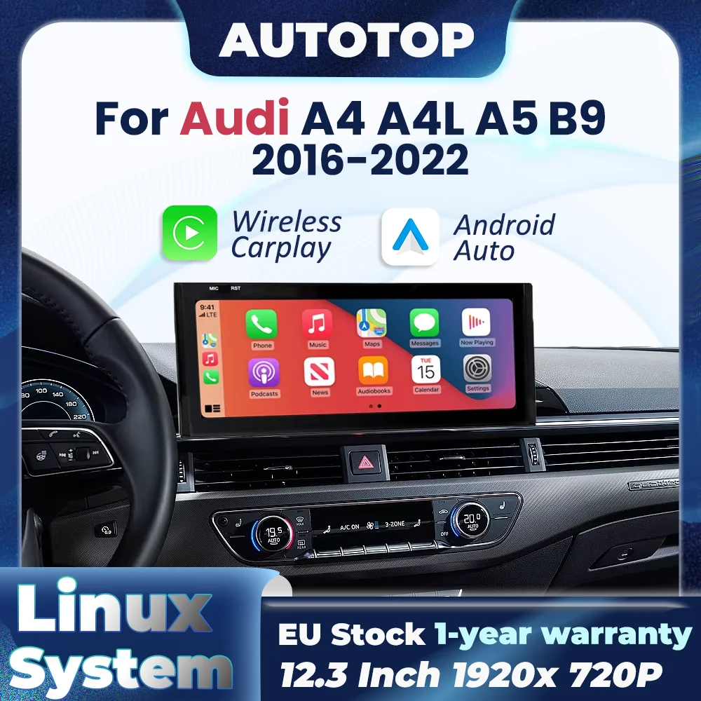 12,3-calowy ekran dotykowy 1920*720P, system Linux, bezprzewodowe CarPlay i Android Auto, radio samochodowe z funkcjami multimedialnymi do Audi A4 A5 Q5 B9 2016 2017 2018 2019 2020 2021 2022, Mirror