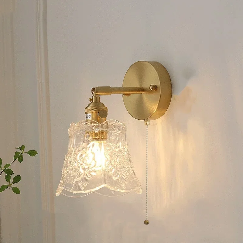 Modern Green Glass LED Wall Lights Pull Chain Switch Living Dining Room Kitchen Copper Vintage Style Up Down Rotate Bedside