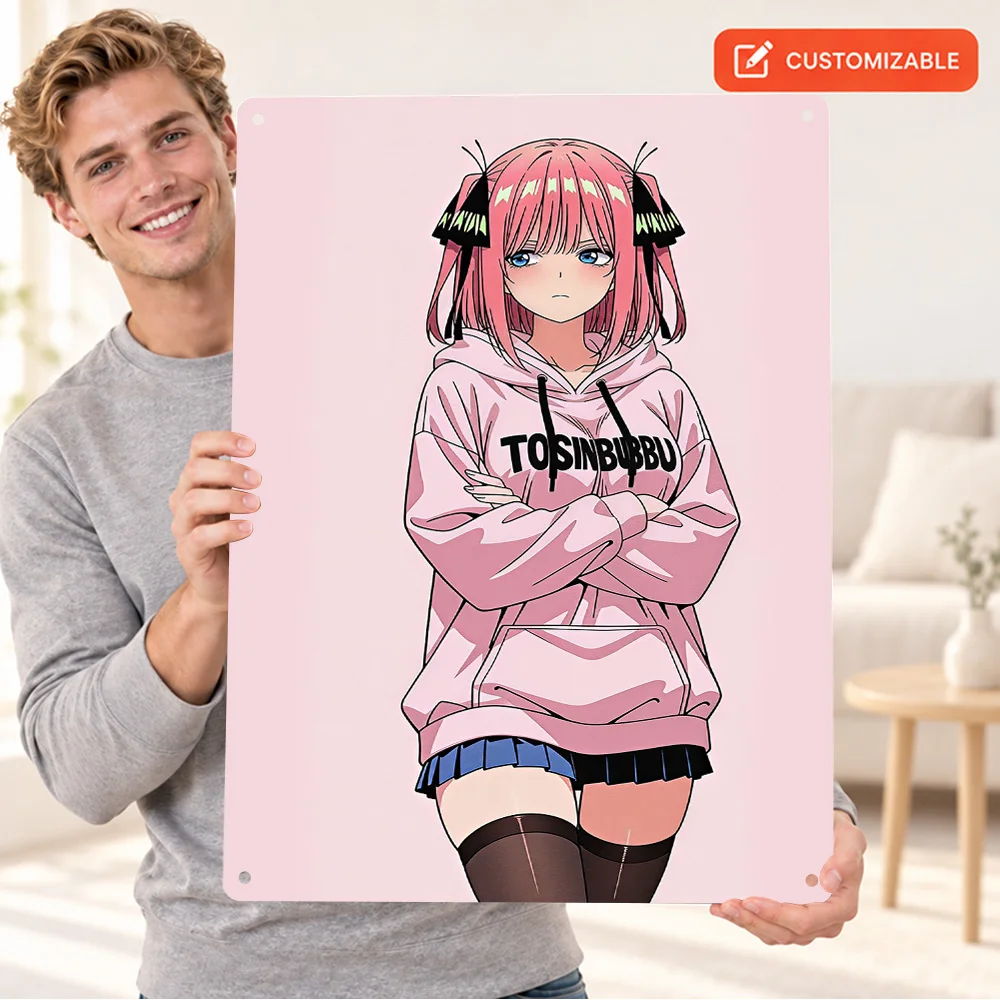 Anime Girl In Pink Hoodie Textured Metal Poster Customized Aluminum Sign Minimalist Vector Illustration Wall Art For Bedroom