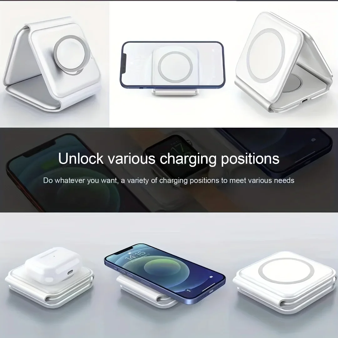 3-in-1 Wireless Charging Station for Apple MagSafe Charger, Foldable Magnetic Travel Charger for iPhone Apple Watch AirPods Pro