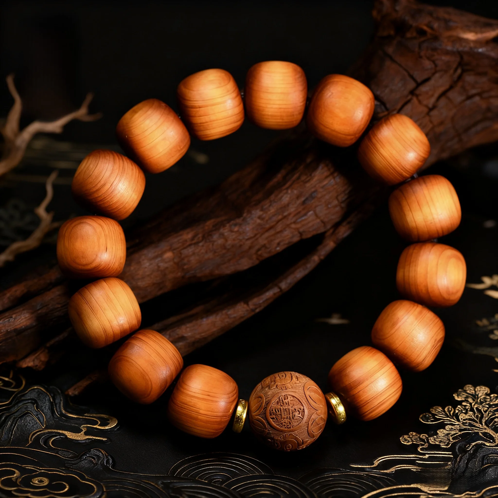 

Taihang Thuja 15mm Old Type Beads Carved Pixiu Bracelet Vintage Material Buddhist Prayer Beads for Men and Women Gifts