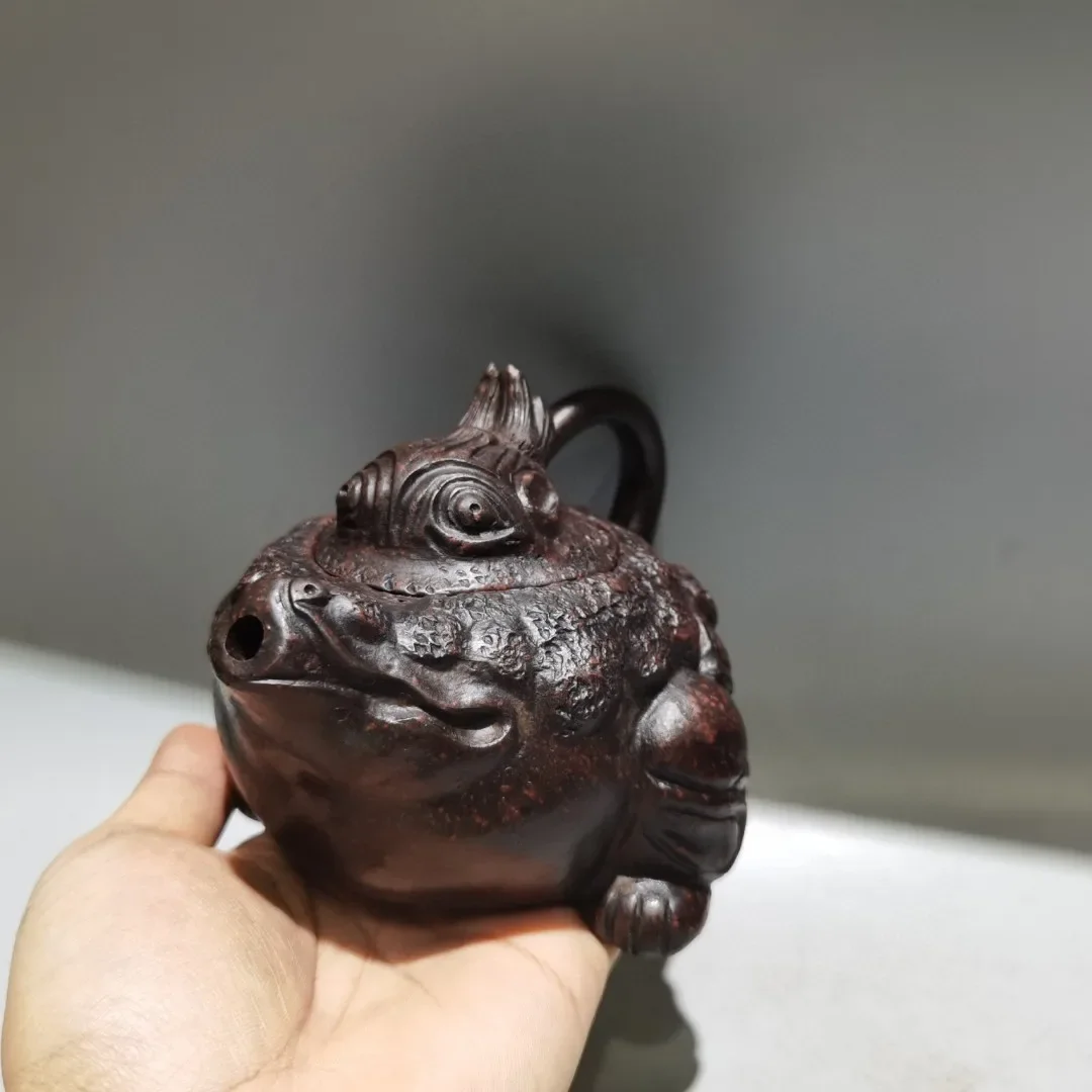 

6"Chinese Yixing Purple clay pot Pottery Three legged Golden Toad Statue Pot Teapot Pot Tea Maker Amass wealth Ornaments