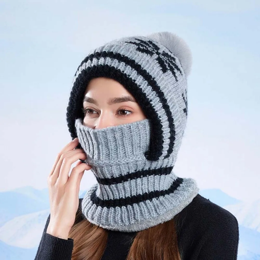 Fleece Lining Knitted Balaclava Hat Snowflake Jacquard Thick Warm Winter Beanie Mask Ear Protection Fluffy Pom