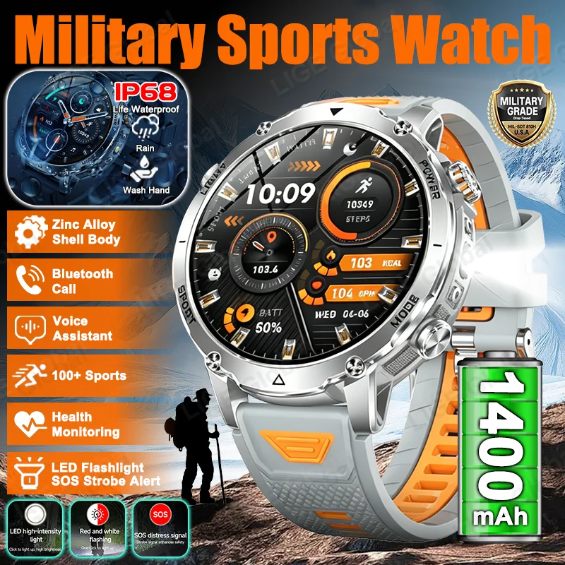 

LIGE Military 1400mAh Battery Smart Watch Men Outdoor LED Flashlight IP68 Waterproof Bluetooth Call Heart Rate Sports Bracelets