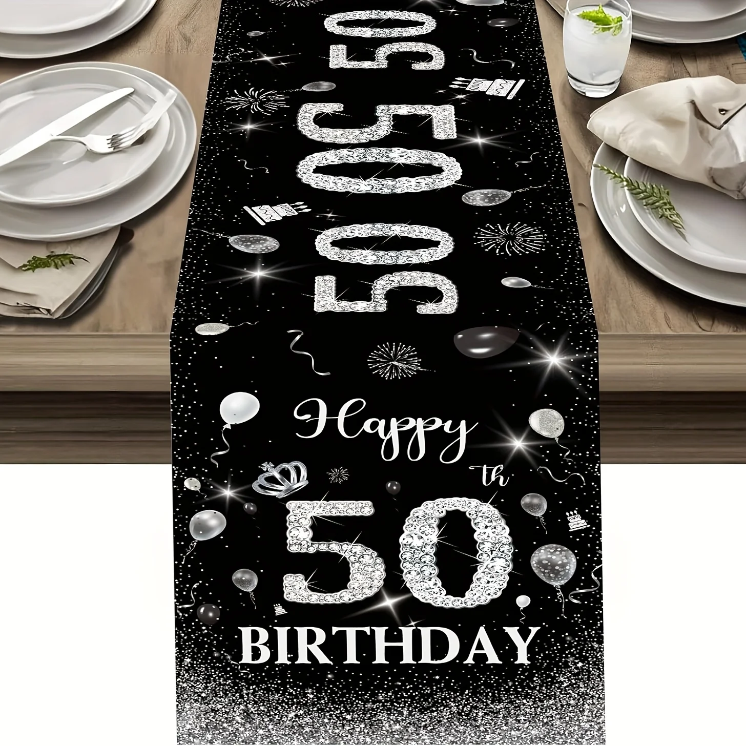 Happy 50th Birthday Table Runner - Black & Silvery Non-Slip Perfect For Men & Women Celebrating 50 Years Old - Available I