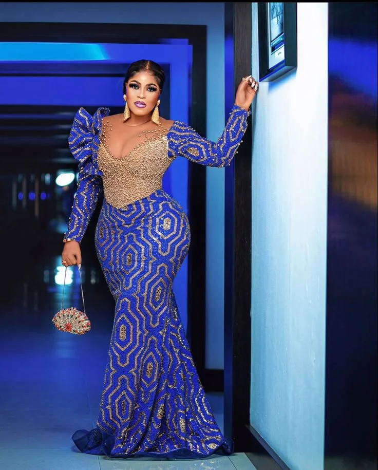 Afrikanisches Abendkleid in Übergröße für Damen, blau-goldenes, mit Pailletten besetztes Meerjungfrauen-Ballkleid, elegantes, langärmliges, formelles Partykleid, individuell gestaltet