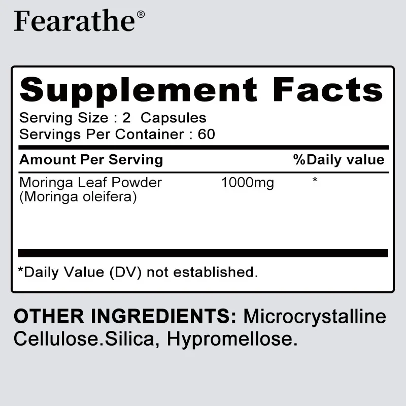 

Moringa 1000mg Dietary Supplement, Antioxidant Green Superfood, Skin Health & Immune Support, Non-GMO, 30/60/120 Vegan Capsules