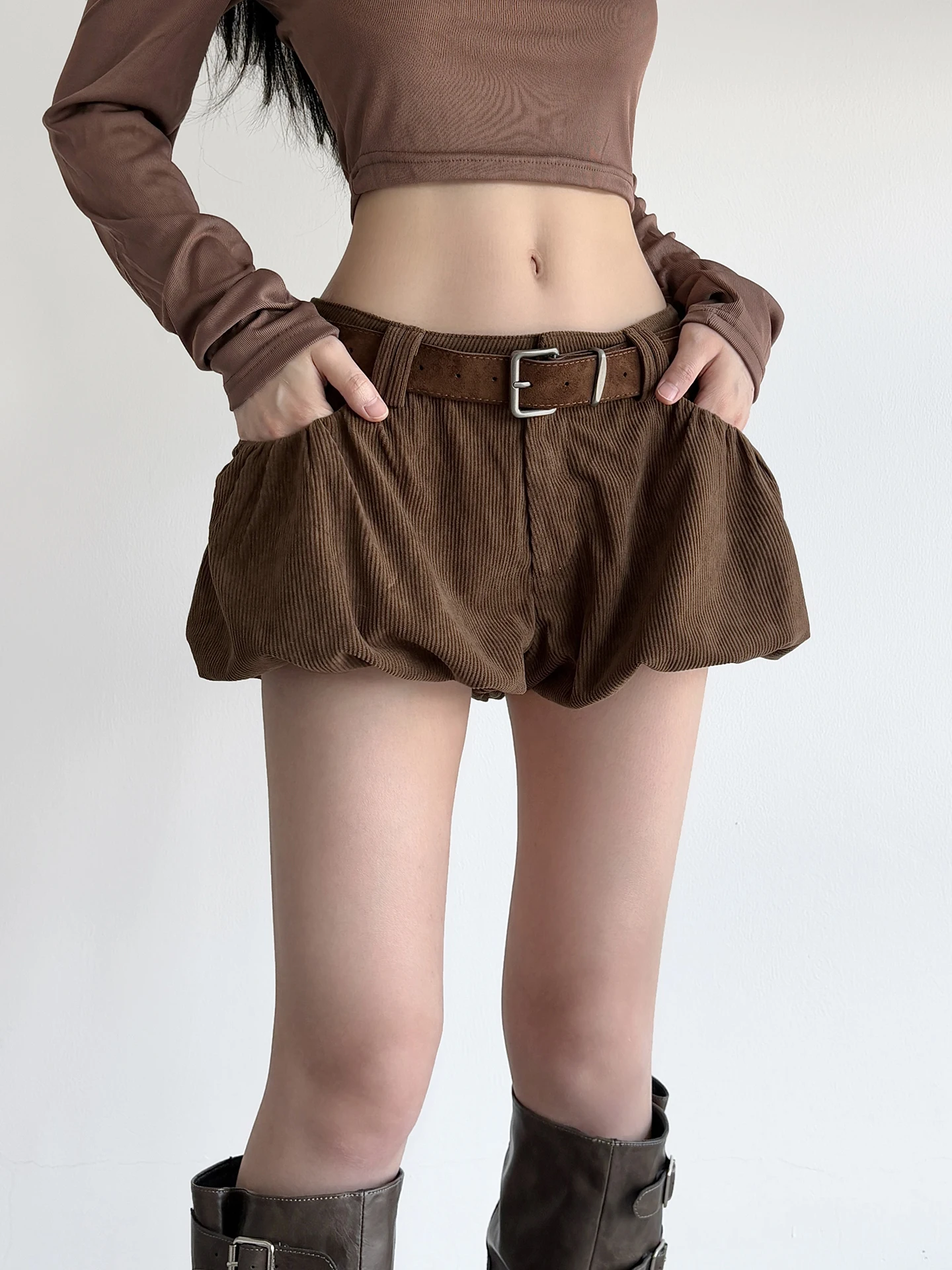 

American Sle Corduroy Retro Low Waist Button Brown Bloom ort Pants Women Streetwear Loose Casual Trousers