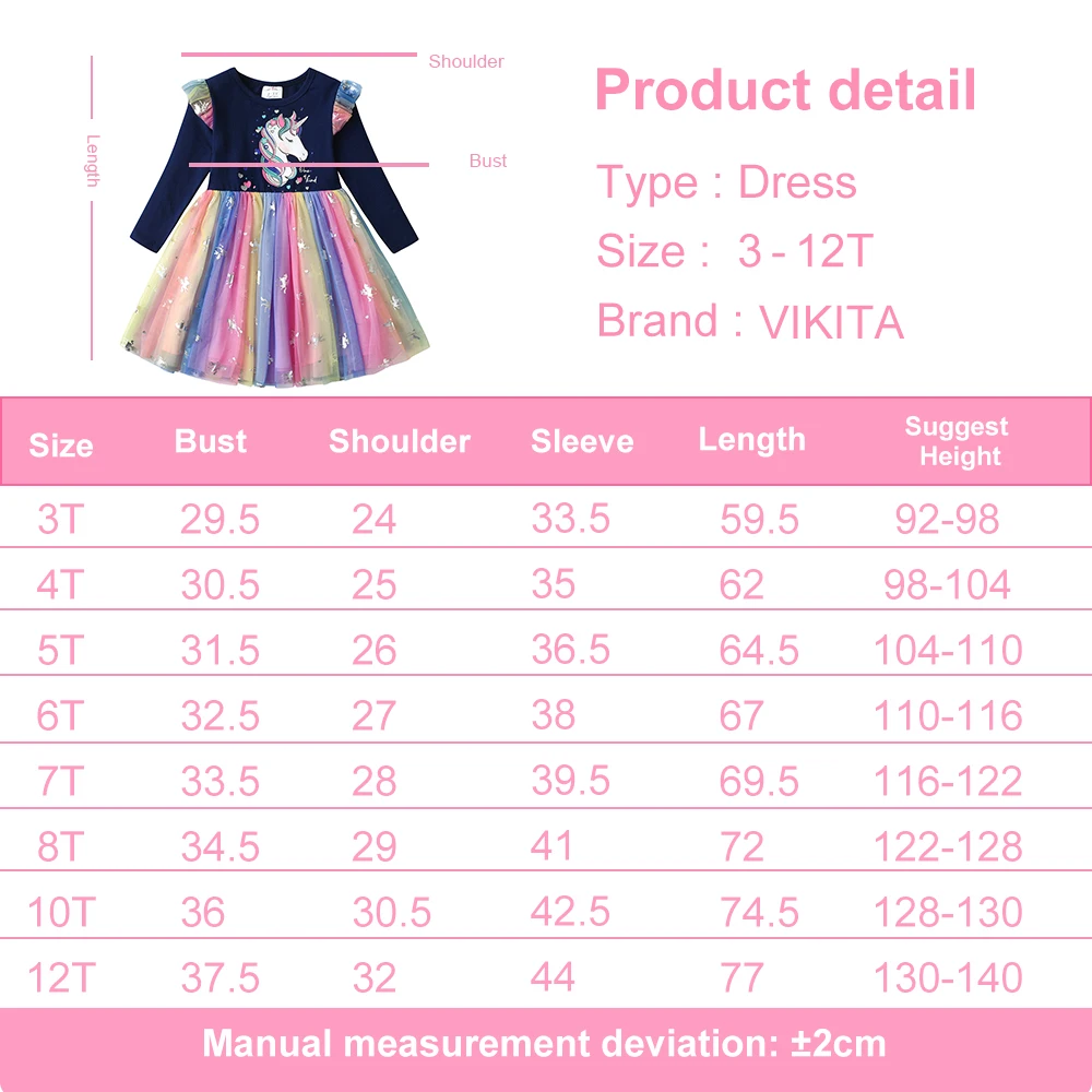 VIKITA New Unicorn Girls Dress Autumn Winter Children Dresses Cotton Toddler Costume Birthday Party Princess Mesh Dress For Girl