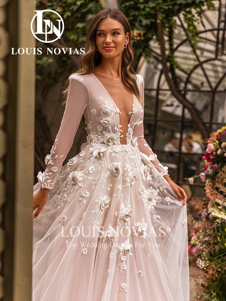 LOUIS NOVIAS A-Line Wedding Dresses 2024 Deep V-neck Backless Bridal Gown 3D Flowers Appliques Wedding Gown Vestidos De Novia