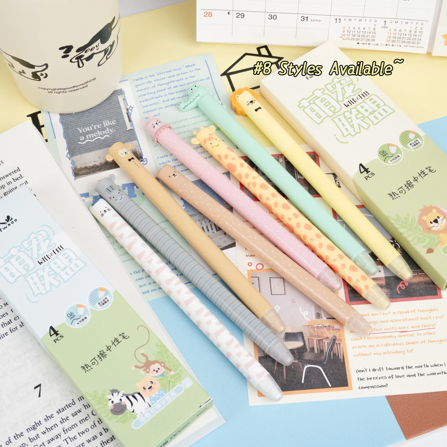 ปากกาเจลหมุนลายการ์ตูนสัตว์น่ารัก 4 ด้าม/กล่อง ขนาด 0.5 มม. หมึกสีน้ำเงิน สำหรับเด็กนักเรียน เครื่องเขียน