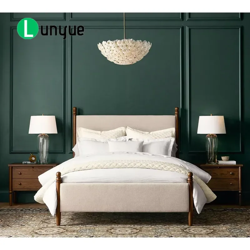 Modern American Oak Bed Frame Linen Upholstered King Size Luxury Solid Wood Master Bedroom Furniture Customizable Dimensions