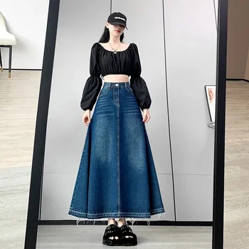 여성용 데님 롱 스커트, 신축성 있는 하이 웨이스트 A 라인 스커트, 용수철 가을 레트로 진 스커트, 라지 사이즈 6XL 느슨한 우산 스커트