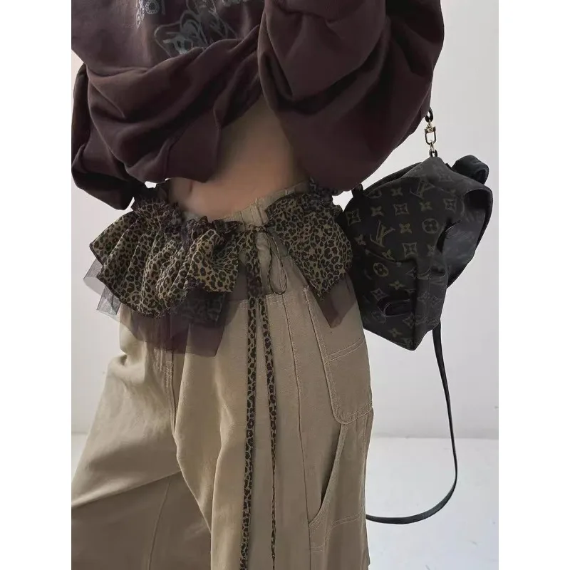 2025 nuevos accesorios de ropa estampado de leopardo con cordones gasa apilada cinturón de abrigo con sello de cintura corta para mujer