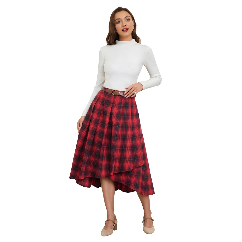 

BP Women Skirt Vintage Plaided Elastic Waist Wrap Hem Pleated Double Layered Irregular A-Line Skirt With Belt High Waisted Skirt