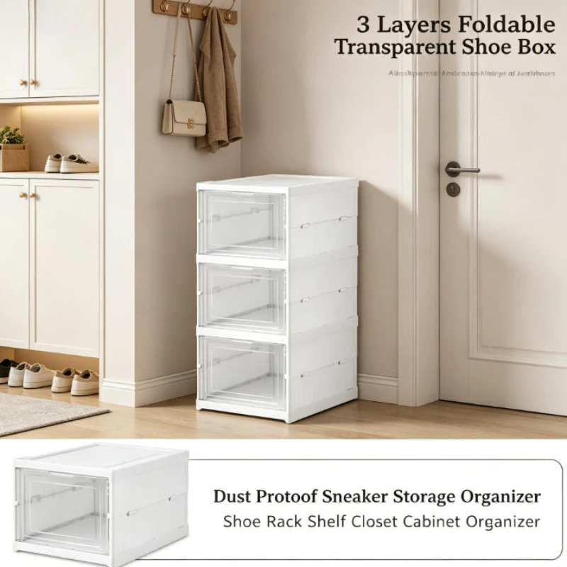 3 Layers Foldable Transparent Stackable Shoe Box Dustproof Sneaker Storage Organizer Shoe Rack Shelf Closet Cabinet Organizer