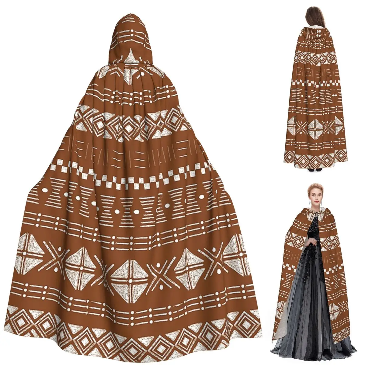 Modern African Tribal Mud Cloth Indigenous Ethnic Long Hooded Cloak Witch Medieval Costume Cosplay Cape Halloween Vampire