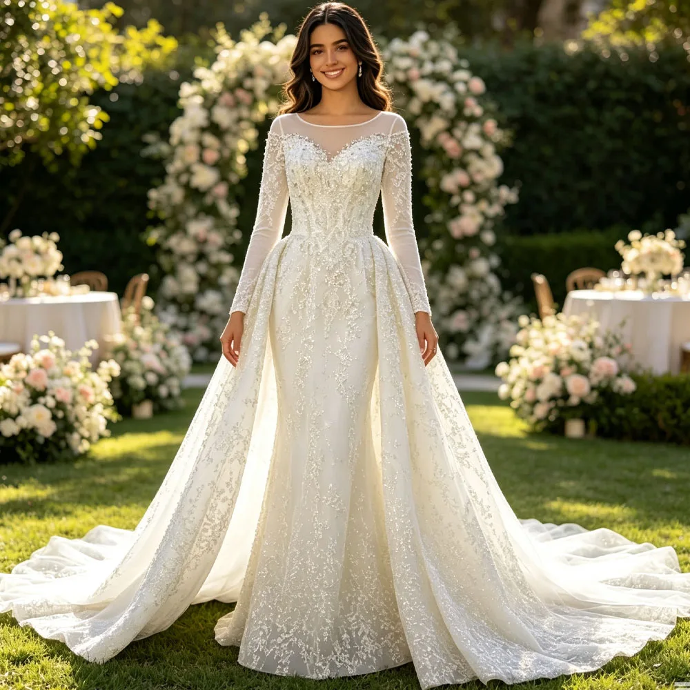 Elegant Wedding Dress O Neck Long Sleeves Pearl Crystal Sequined Lace Up Back Bridal Dress