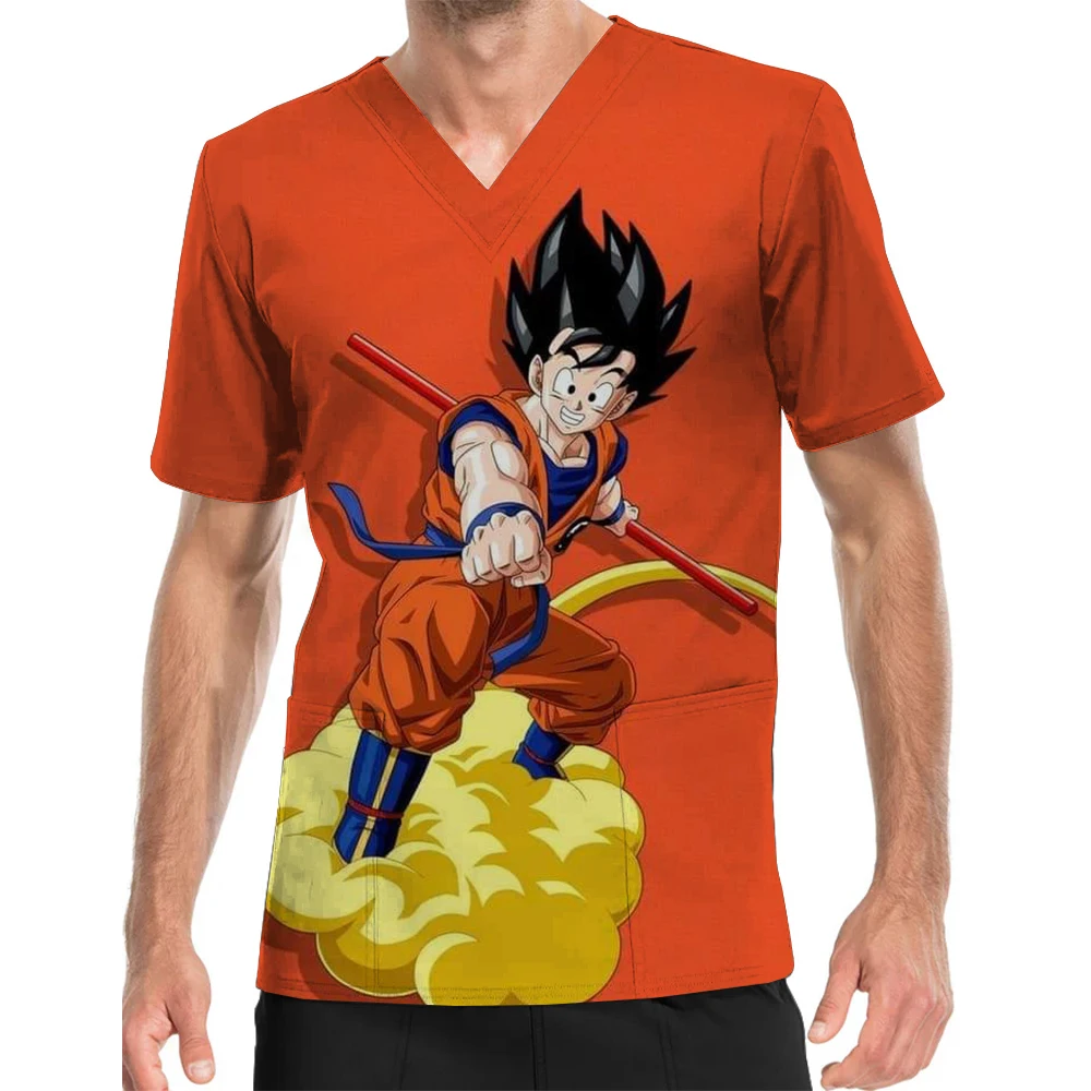 Camiseta con estampado de Anime de Dragon Ball para hombre, Top esmerilado con bolsillo y cuello en V, camiseta médica de Hospital, uniforme de enfermera, tienda de mascotas, camiseta de laboratorio