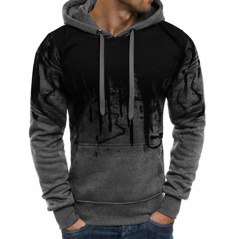 New men's casual outdoor sports hoodie, fashionable sports pullover, long sleeved personalized splashed ink printed sweatshirt