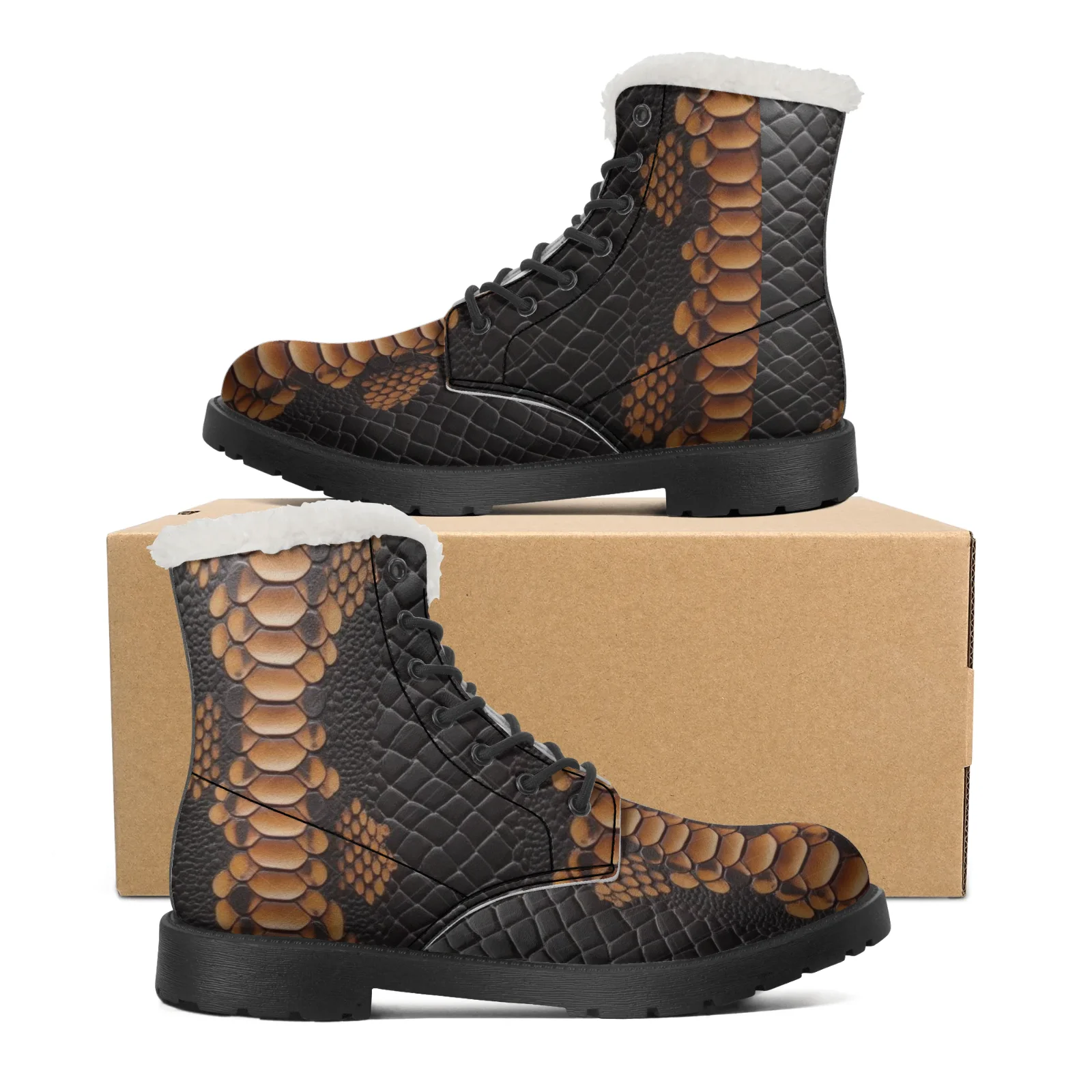 Botas de felpa con patrón de piel de serpiente personalizadas, botas informales, superventas, botas de invierno a media pantorrilla para hombres y mujeres