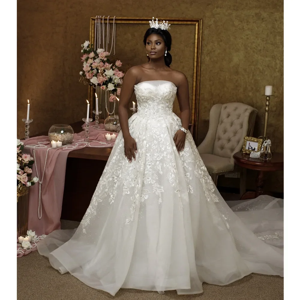 

Customized Romantic Strapless Appliques Beads Wedding Dresses Sweep Train Vestido De Novia African Country Style Bridal Gowns 20