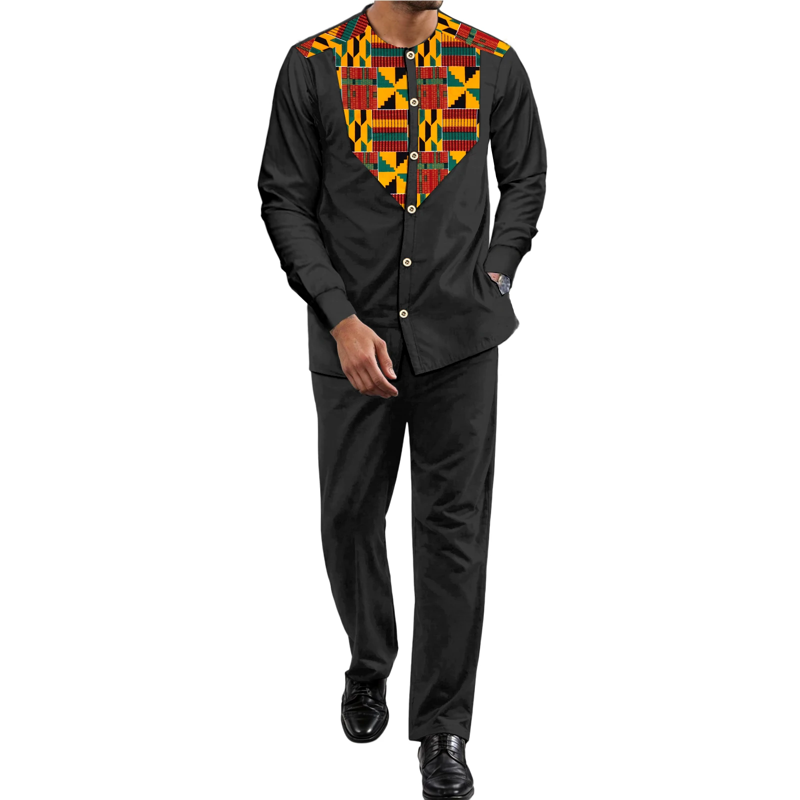 African Dashiki for Men，2 Piece Shirt Pants African Wax Fabric Patchwork Tribal Suits FF2416221 3