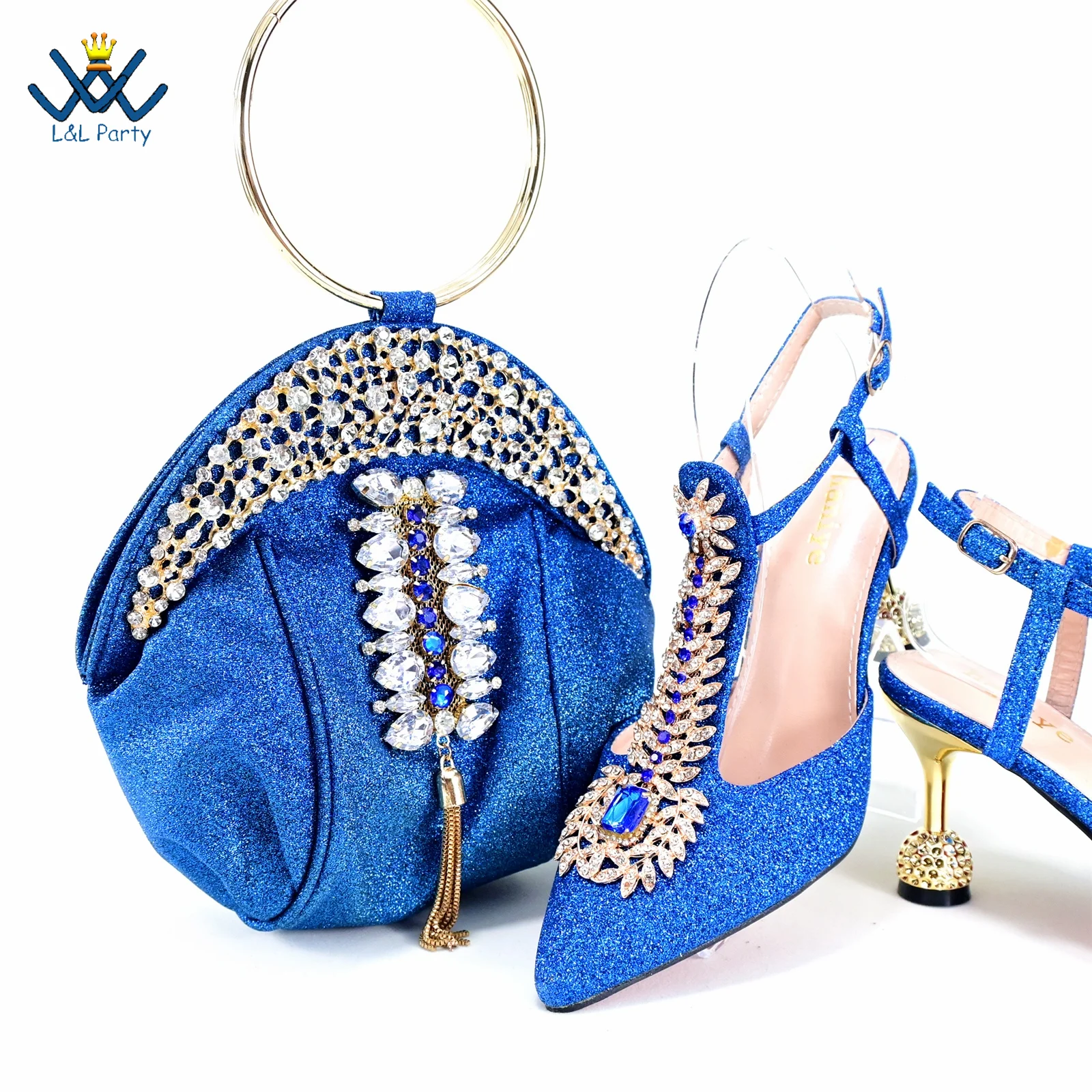 

Elegant Women Newest INS Hot Sale Italian Design Shoes Matching Bag in Blue Color Classics Pumps with Shinning Crystal for Dress