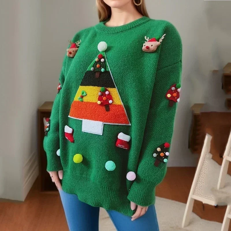 

Autumn Winter Christmas Tree Jacquard Sweaters for Women Loose Slimming Round Neck Knitted Sweater Fashion Women's Printed Tops