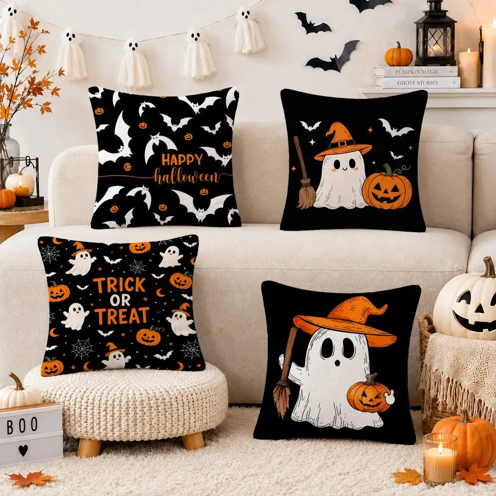 Halloween Trick or Treat Ghost Cushion Cover Short Plush Double Sided Printed Soft Pillow Case Home Sofa Decor Festival Gifts