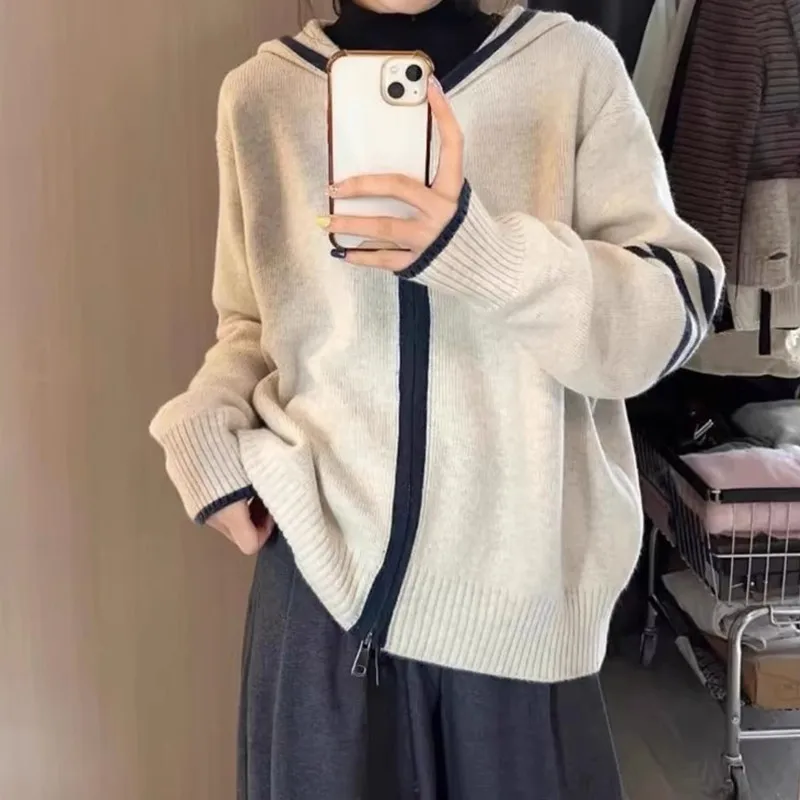 

Повседневный стильный кардиган для женщин, весенне-осенний трикотаж, пальто на молнии, вязаная женская одежда, свободная верхняя одежда, шерстяной свитер, куртка