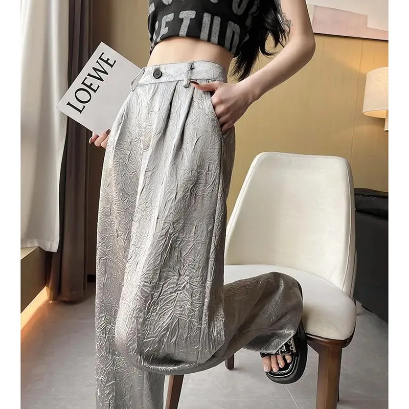 Summer High Waist Wide Leg Pants Women Wrinkled Design Casual Women's Pants Fashion Silver Loose Straight Full Length Trousers